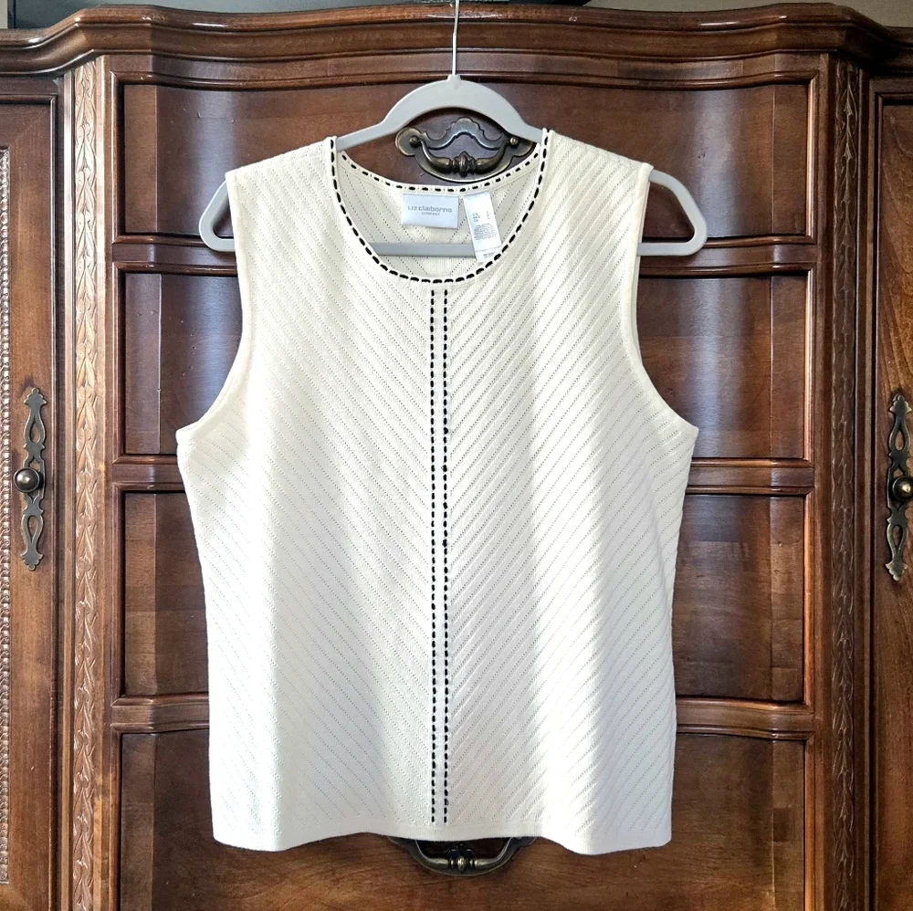 Liz Claiborne, Sweater twin-set. Off White/black. Large - Picture 10 of 15